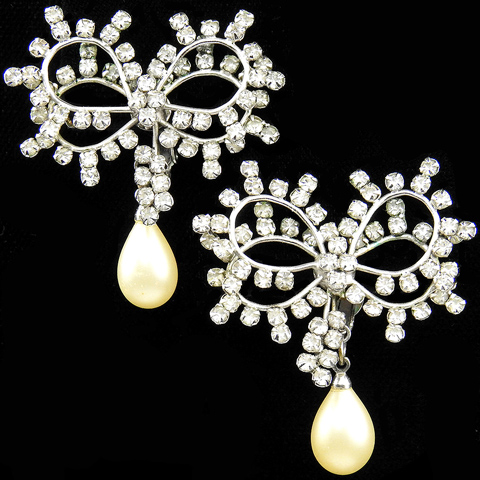 Hattie Carnegie Diamante Wirework Bows and Pendant Pearl Clip Earrings