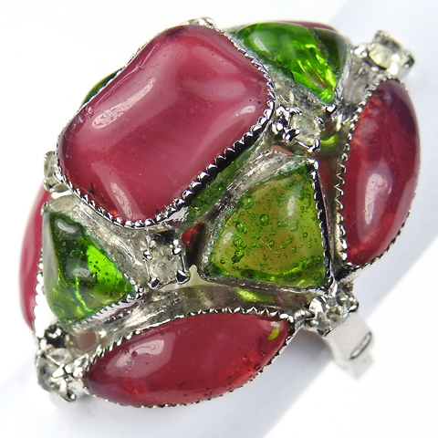 Hattie Carnegie Green and Pink Poured Glass Finger Ring