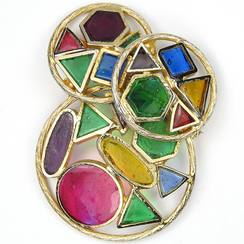 DeNicola Modernist Geometric Shapes Abstract Triangles Hexagons Circles Squares and Elipses Gold and Stained Glass Pin