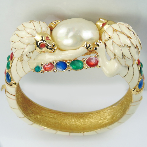 Hattie Carnegie Gold White and Fired Enamel and Baroque Mabe Pearl Lions Rampant Bangle Bracelet