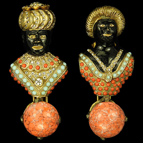Hattie Carnegie Gold Turquoise Coral and Carnelian Pair of Lady and Gentleman Blackamoors with Turbans Pin Clips