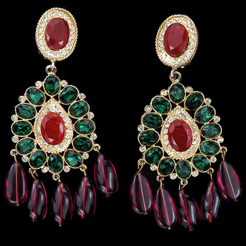 Vintage KJL 'Moghul Style' Gold Pave Ruby and Emerald Multiple Teardrop Pendants Clip Earrings