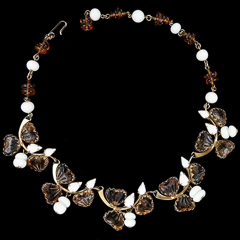 Hattie Carnegie Gold Citrine Poured Glass Flowers and Faux Ivory Fruits and Leaves Choker Necklace
