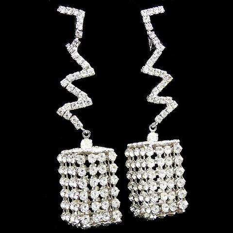 Hattie Carnegie (unsigned) Diamante Lightning Bolt Zig Zags and Pendant Cube (Cuboid) Clip Earrings