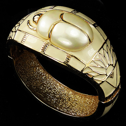 Hattie Carnegie Egyptian Revival Gold White Enamel and Pearl Scarab Bangle Bracelet