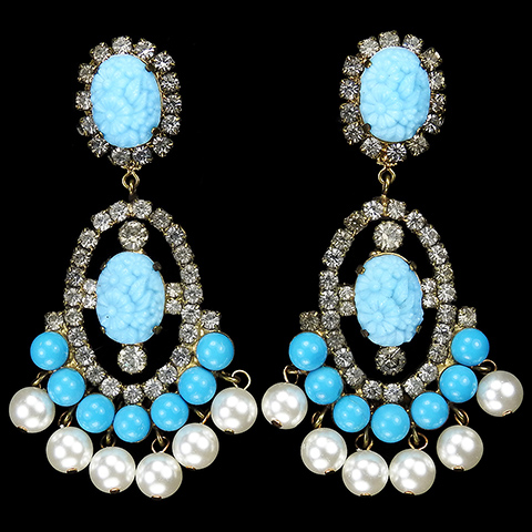 Kenneth Lane Blue Jade Black Diamonds Turquoise and Pearls Giant Pendant Clip Earrings 