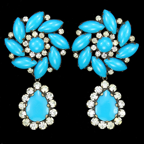 Vintage KJL Turquoise and Diamante Pinwheel and Pendant Teardrop Clip Earrings