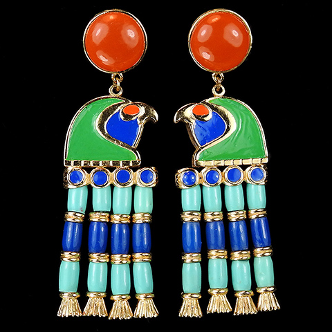 Hattie Carnegie Egyptian Revival Carnelian Poured Glass Enamel Falcon Heads and Multiple Pendant Turquoise and Lapis Tassels Clip Earrings