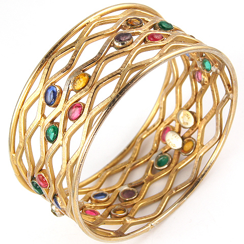Hattie Carnegie Gold Lattice Waves and Multicoloured Poured Glass Accents Circular Bangle Bracelet