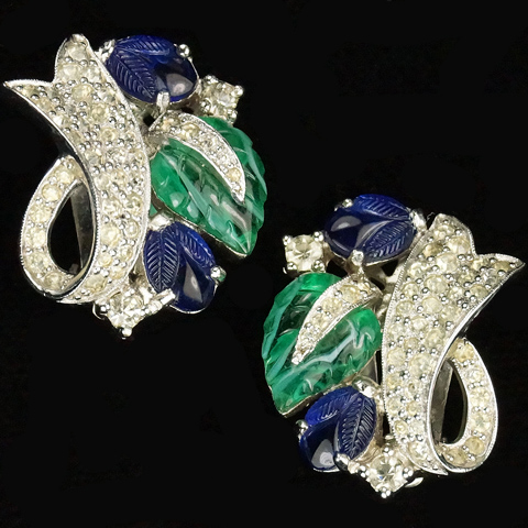 Jomaz Pave Swirls and Emerald and Sapphire Fruit Salad Leaves Clip Earrings