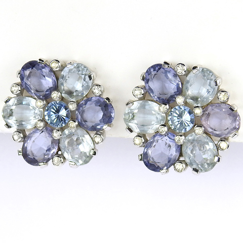 Jomaz Aquamarine Amethyst and Blue Topaz Single Flower Button Clip Earrings