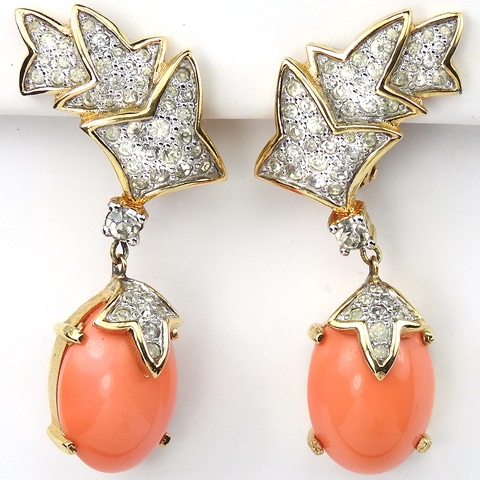 Jomaz Gold and Pave Leaves and Coral Pendant Fruit Clip Earrings