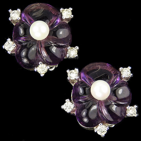Jomaz Amethyst Poured Glass and Pearls Flower Button Clip Earrings
