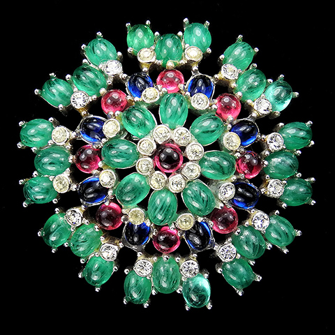 Jomaz Moghul Jewels of India Style Diamante Spangles Ruby Sapphire and Emerald Cabochons Circular Star Dome Pin