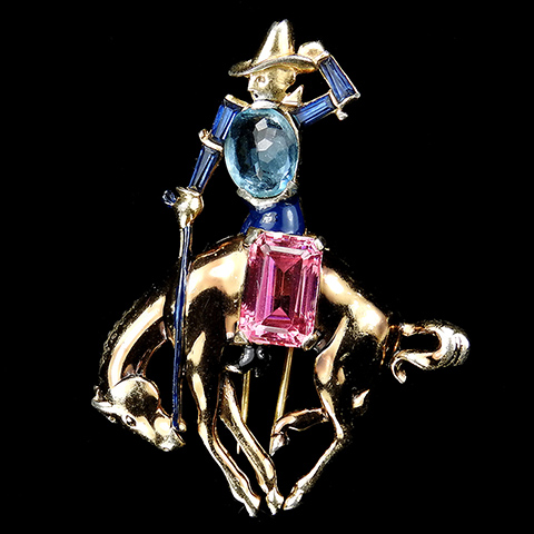 Jomaz Gold Sapphire Baguettes and Gemset Stones Cowboy Riding a Bucking Bronco Horse Pin Clip