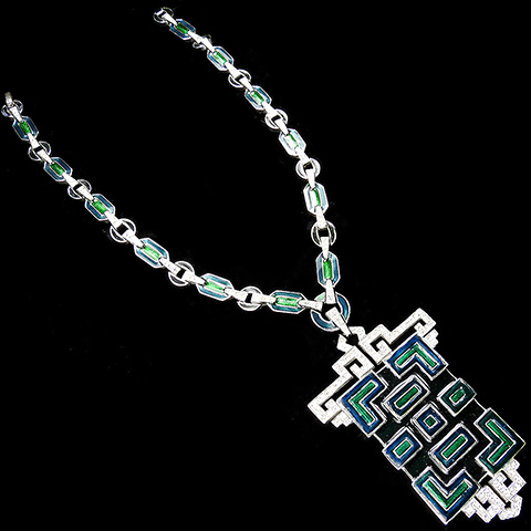 Jomaz Aztec Style Giant Pave Maze Pattern and Blue and Green Enamel Pendant Necklace