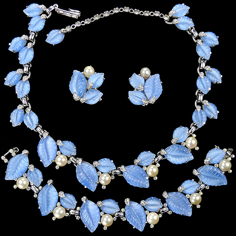 Jomaz Blue Poured Glass Fruit Salad Leaves Diamante Spangles and Pearls Necklace, Bracelet and Clip Earrings Set