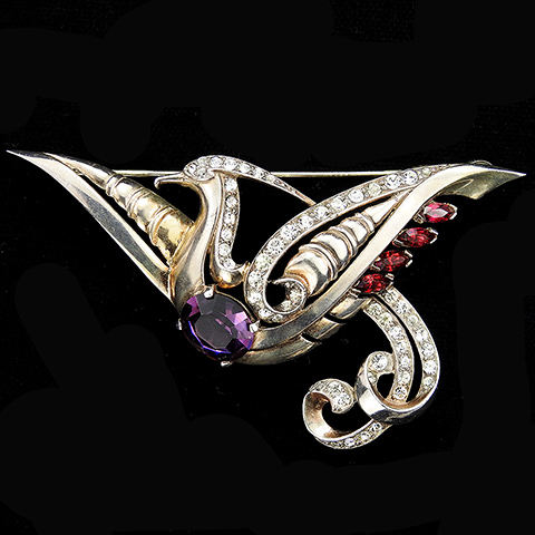 Mazer Sterling Gold Pave Oval Cut Amethyst and Ruby Navettes Flying Peacock Bird Pin