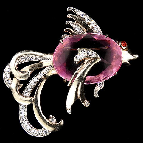 Mazer Sterling Gold Pave and Pink Topaz Fish Pin