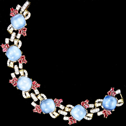 Mazer Sterling Cushion Cut Blue Moonstones Rubies and Golden Bows Bracelet