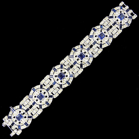 Mazer Pave and Sapphires Wide Linked Openwork Circles and Spokes Deco Link Bracelet