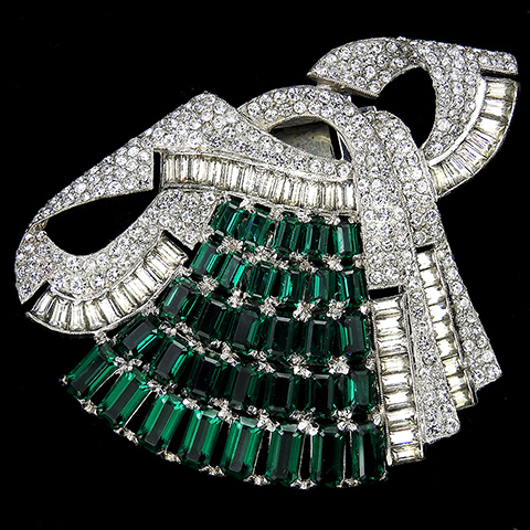 Mazer Pave Baguettes and Emeralds Deco Bow Swirl with Swags Dress Clip