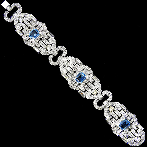 Mazer Pave Baguettes and Oblong Cut Aquamarines Deco Openwork Wide Link Bracelet