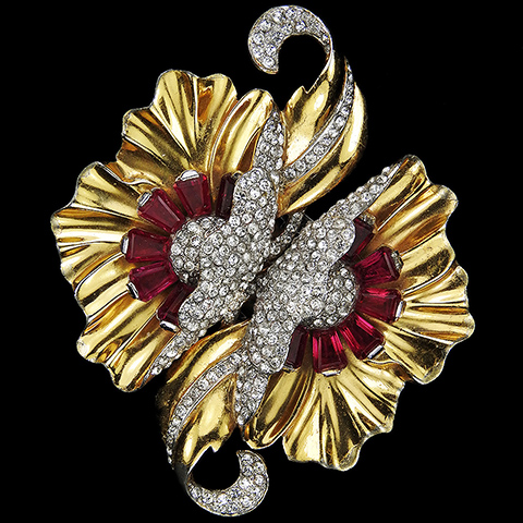 Mazer Gold Pave and Kite Cut Rubies Double Peony Flower Swirl Dress Clips Duette