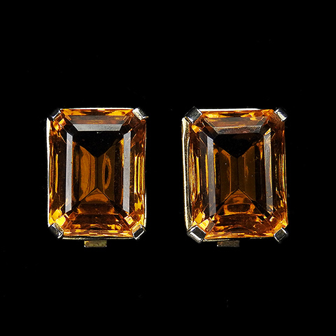 Mazer Gold and Oblong Cut Citrine Deco Style Clip Earrings