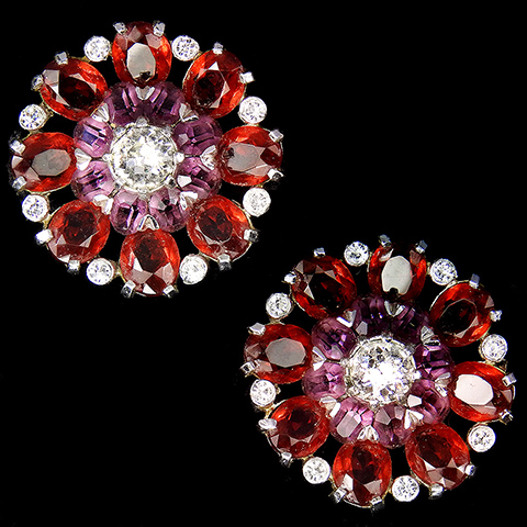 Mazer Diamante Spangles Ruby and Amethyst Flower Button Clip Earrings