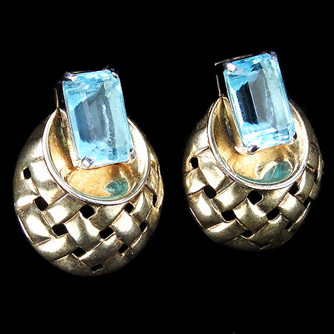 Mazer Sterling Golden Basketweave Hemisphere and Square Cut Aquamarine Clip Earrings