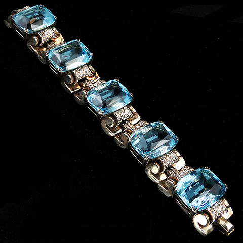 Mazer Sterling Gold and Pave Scrolls Five Table Cut Aquamarines Tank Bracelet