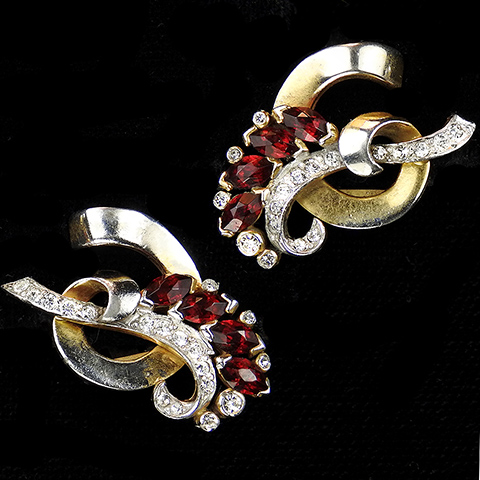Mazer Gold Pave and Rubies Floral Bow Swirl Clip Earrings