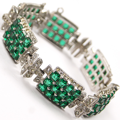 Mazer (unsigned) Pave and Invisibly Set Emerald Squares Deco Link Bracelet