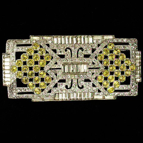 Mazer Pave and Baguettes Citrine and Diamante Checkerboard Pattern Deco Pin 