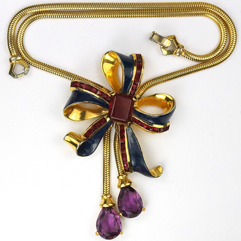 Mazer Bros Gold Blue Enamel and Invisibly Set Rubies Bow Knot with Pendant Amethysts Necklace
