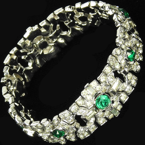Mazer (unsigned) Pave Emeralds and Baguette Crosses Deco Link Bracelet