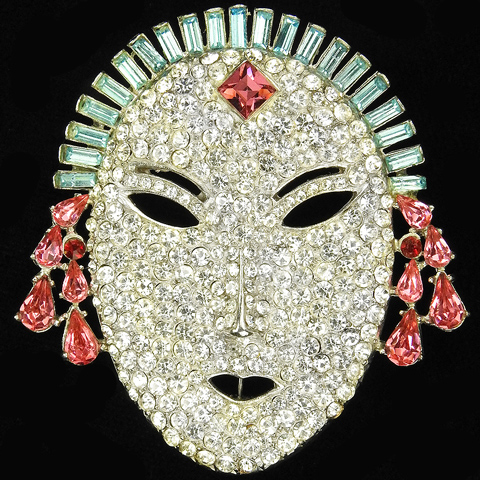Mazer (unsigned) Pink Topaz Pave and Aquamarine Oval Face Mask Pin
