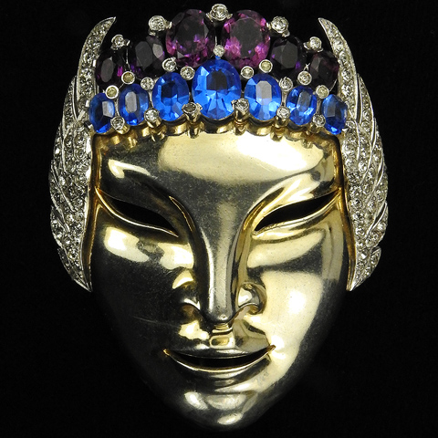 Mazer Sapphire and Amethyst Face Mask with Pave Winged Headress Pin Clip