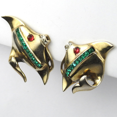 Mazer Gold Ruby and Invisibly Set Emeralds Angelfish Fish Clip Earrings