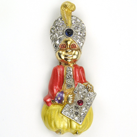 Mazer 'Joseph Wuyts' Gold Pave and Enamel Maharajah with Feathered Turban Holding a Book Pin Clip