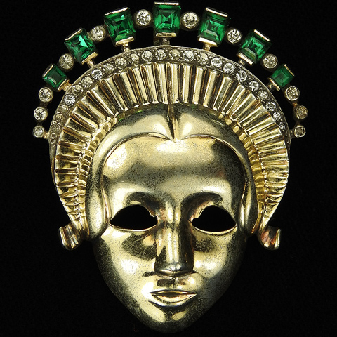 Mazer Sterling Lady with Emerald Headdress Face Mask Pin or Pendant