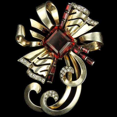 Mazer Sterling Gold Ruby and Baguettes Deco Openwork Bow or Starburst Pin