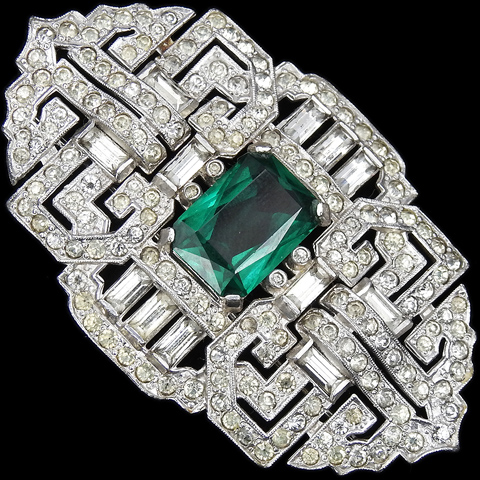 Mazer Pave Baguettes and Emerald Deco Openwork Maze Pattern Shield Pin