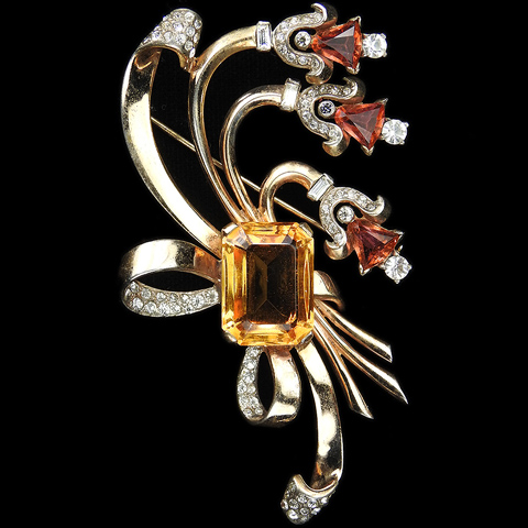 Mazer Sterling Table Cut Citrine and Kite Cut Pink Topaz Triple Bell Flower Spray and Bow Swirl Pin