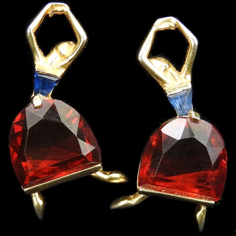 Mazer Gold Triangle Cut Sapphires and Ruby Demilunes Ballerina Clip Earrings
