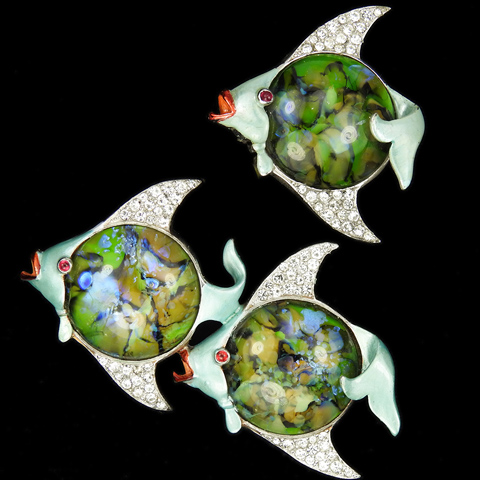 Mazer Pave Enamel and Marbled Green Agate Pair of Double and Single Angel Fishes Pin and Pin Clip