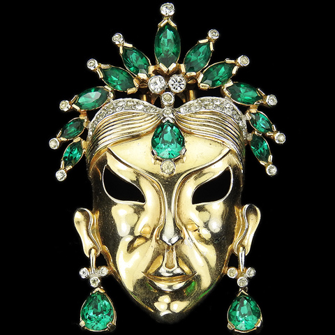 Mazer Gold Pave and Emeralds Face Mask with Pendant Earrings Pin Clip