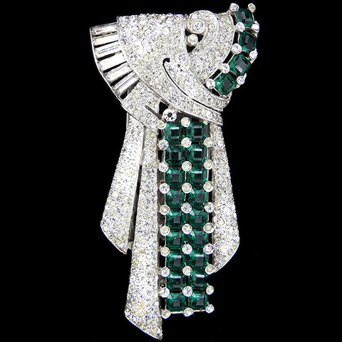 Mazer Deco Pave Baguettes and Gallery Set Square Cut Emeralds Scarf Swirl Dress Clip