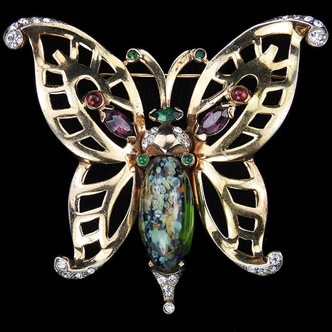 Mazer Gold Multicolour Stones and Marbled Green Agate Butterfly Pin